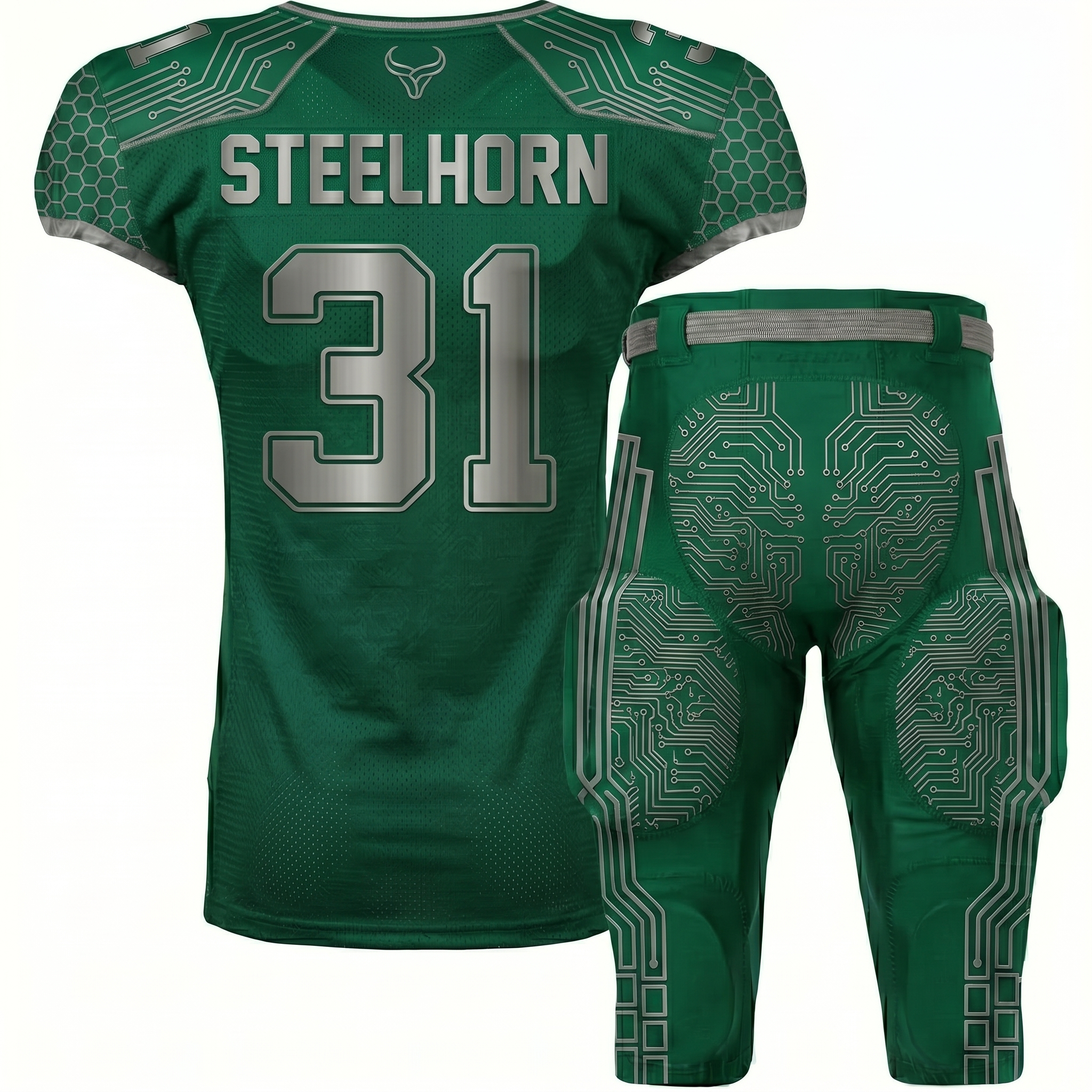 Backside 10 Royal Bull Green & Silver American Football Uniform – Titan Strike 31 Edition