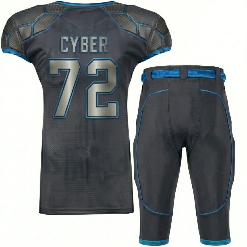 Royal Bull Black & Blue American Football Uniform – Thunder Fade 72 Edition The Royal Bull Black & Blue American Football Uniform – Thunder Fade 72 Edition is designed for athletes who want a powerful, modern, and high-performance game-day identity. Built with fully sublimated printing technology and breathable athletic fabric, this uniform delivers durability, comfort, and long-lasting visual impact during training and competitive play. Featuring a bold black and blue color fusion with intricate sublimated patterns, the Royal Bull Football Uniform creates a dynamic and aggressive on-field presence. The number 72 is prominently displayed for a strong athletic identity, while the matching padded pants ensure comfort, protection, and mobility during high-intensity gameplay. Key Features Black & Blue Sublimated Design Fade-resistant full-print graphics for a premium look. Player Number 72 Detailing Bold athletic numbering for strong team identity. Breathable Performance Fabric Keeps athletes cool during intense matches. Integrated Padded Pants Provides support and protection during gameplay. Flexible Athletic Fit Designed for speed, agility, and unrestricted movement. Durable Stitching Construction Built for long-term training and competitive use. Usage The Royal Bull Black & Blue American Football Uniform is ideal for: American football matches Team training sessions Competitive tournaments Athletic performance drills Custom sportswear production Why Choose Royal Bull Black & Blue American Football Uniform – Thunder Fade 72 Edition Premium fully sublimated athletic design Strong black and blue game-day identity Lightweight breathable performance fabric Integrated padding for impact support Durable construction for high-intensity football use
