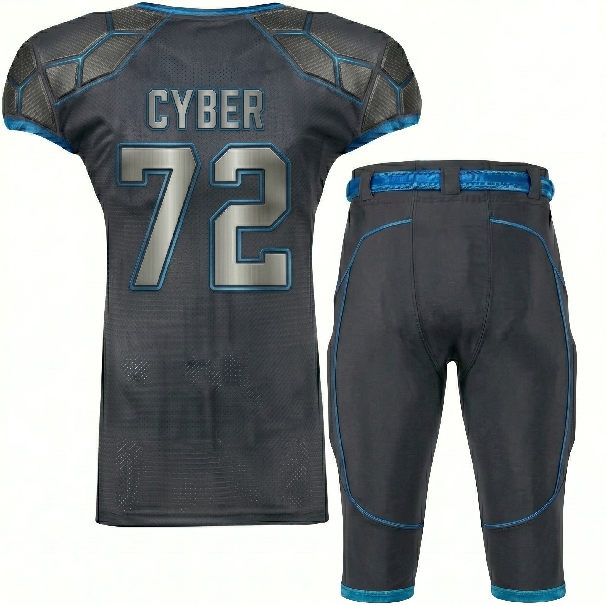 Backside 11 (1) Royal Bull Black & Blue American Football Uniform – Thunder Fade 72 Edition The Royal Bull Black & Blue American Football Uniform – Thunder Fade 72 Edition is designed for athletes who want a powerful, modern, and high-performance game-day identity. Built with fully sublimated printing technology and breathable athletic fabric, this uniform delivers durability, comfort, and long-lasting visual impact during training and competitive play. Featuring a bold black and blue color fusion with intricate sublimated patterns, the Royal Bull Football Uniform creates a dynamic and aggressive on-field presence. The number 72 is prominently displayed for a strong athletic identity, while the matching padded pants ensure comfort, protection, and mobility during high-intensity gameplay. Key Features Black & Blue Sublimated Design Fade-resistant full-print graphics for a premium look. Player Number 72 Detailing Bold athletic numbering for strong team identity. Breathable Performance Fabric Keeps athletes cool during intense matches. Integrated Padded Pants Provides support and protection during gameplay. Flexible Athletic Fit Designed for speed, agility, and unrestricted movement. Durable Stitching Construction Built for long-term training and competitive use. Usage The Royal Bull Black & Blue American Football Uniform is ideal for: American football matches Team training sessions Competitive tournaments Athletic performance drills Custom sportswear production Why Choose Royal Bull Black & Blue American Football Uniform – Thunder Fade 72 Edition Premium fully sublimated athletic design Strong black and blue game-day identity Lightweight breathable performance fabric Integrated padding for impact support Durable construction for high-intensity football use