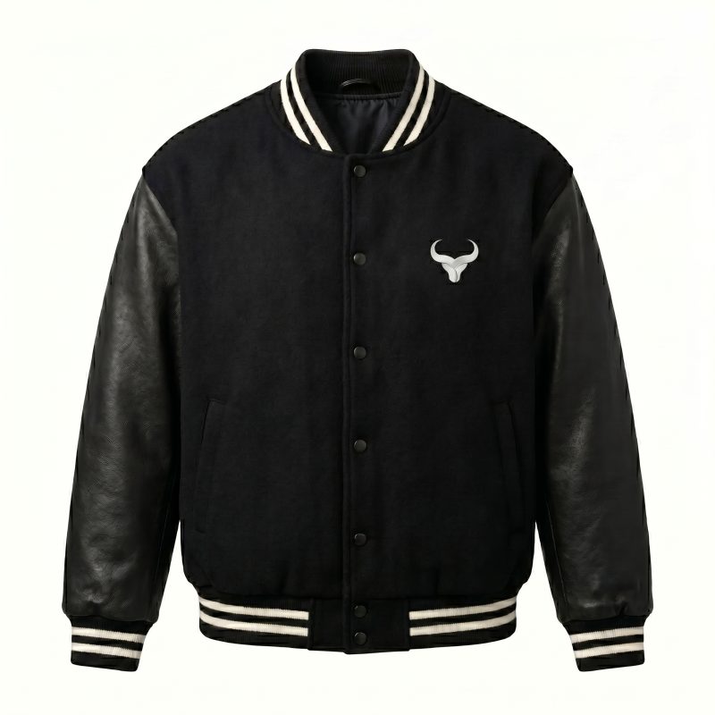 Royal Bull Black Patch Varsity Jacket | Wool & Leather