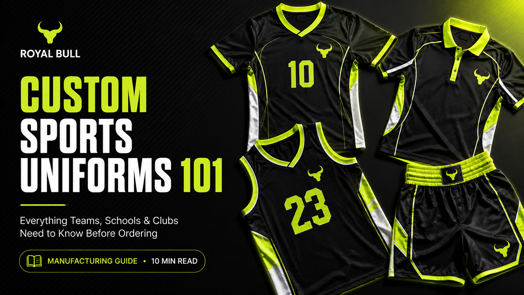 Custom sports uniforms flat-lay soccer, cricket, basketball and boxing apparel by Royal Bull