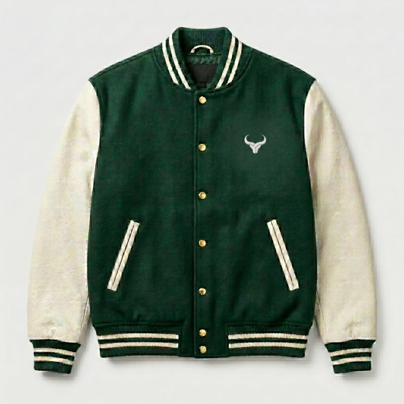 Royal Bull Green & Beige Varsity Jacket | Embroidered Logo