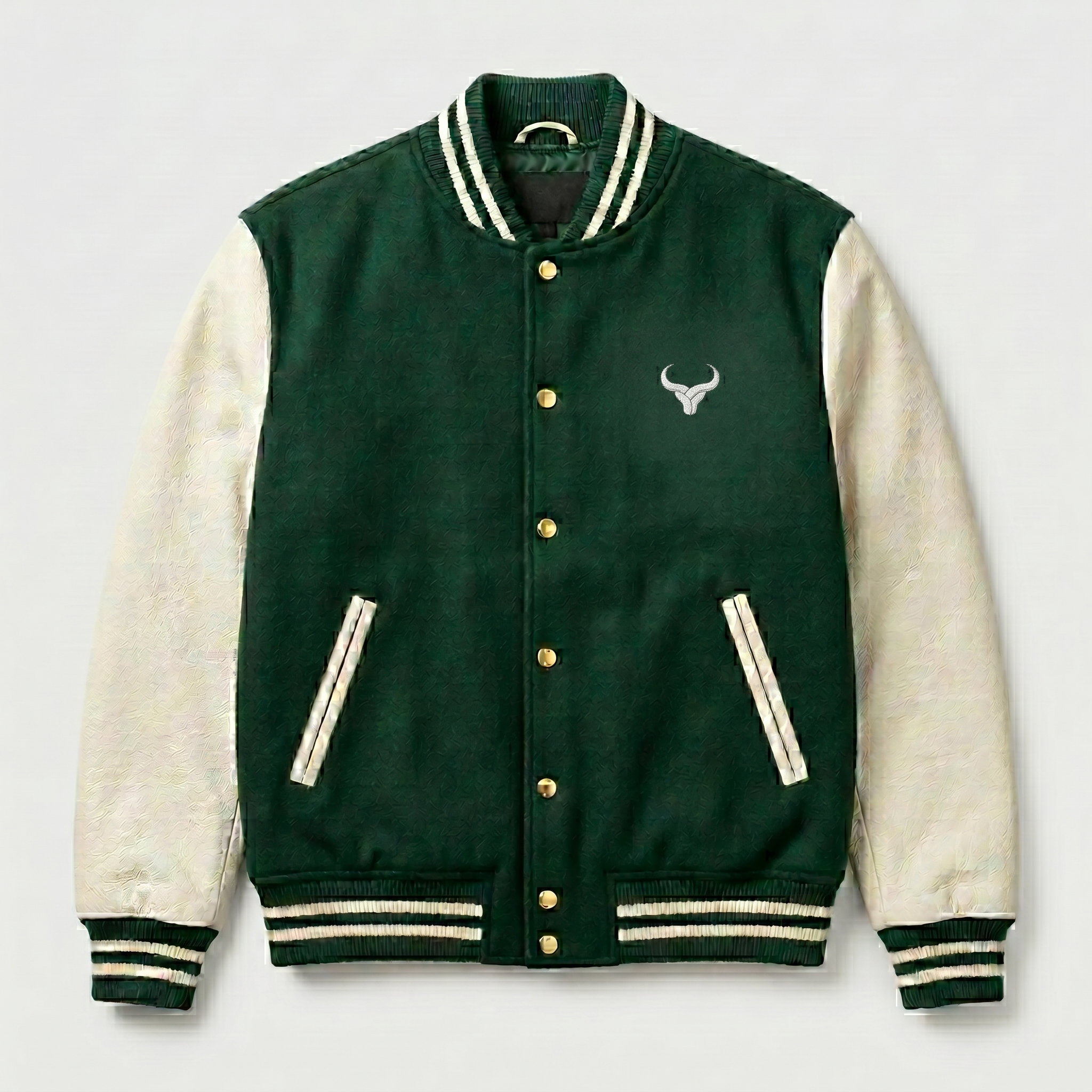 Green Beige Varsity Jacket Royal Bull Green & Beige Varsity Jacket | Embroidered Logo
