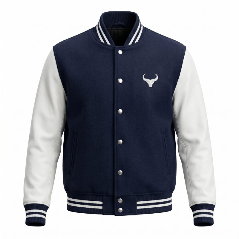 Royal Bull Navy Varsity College Jacket | White Sleeves