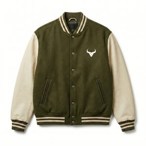 Royal Bull Green & Beige Varsity Jacket | Leather Sleeves