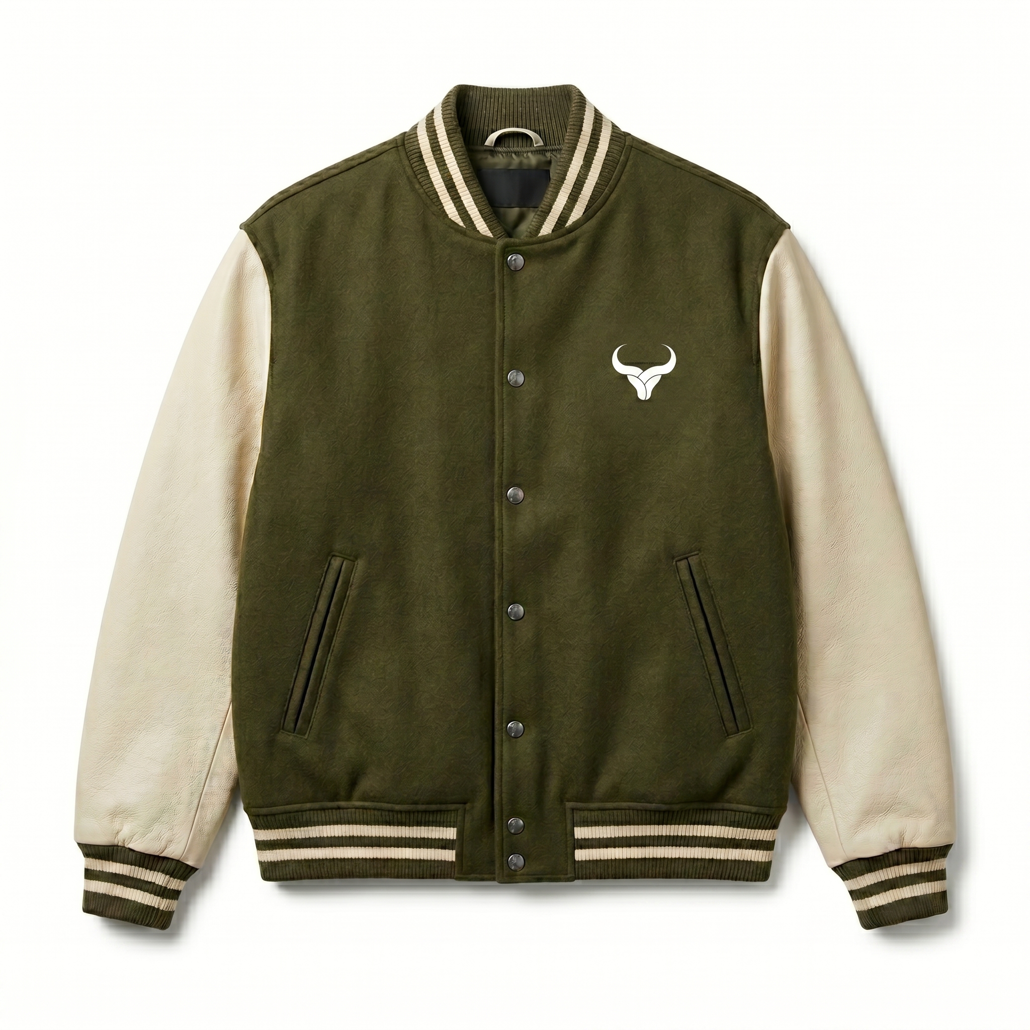 Royal Bull Green & Beige Varsity Jacket with Leather Sleeves Royal Bull Green & Beige Varsity Jacket | Leather Sleeves