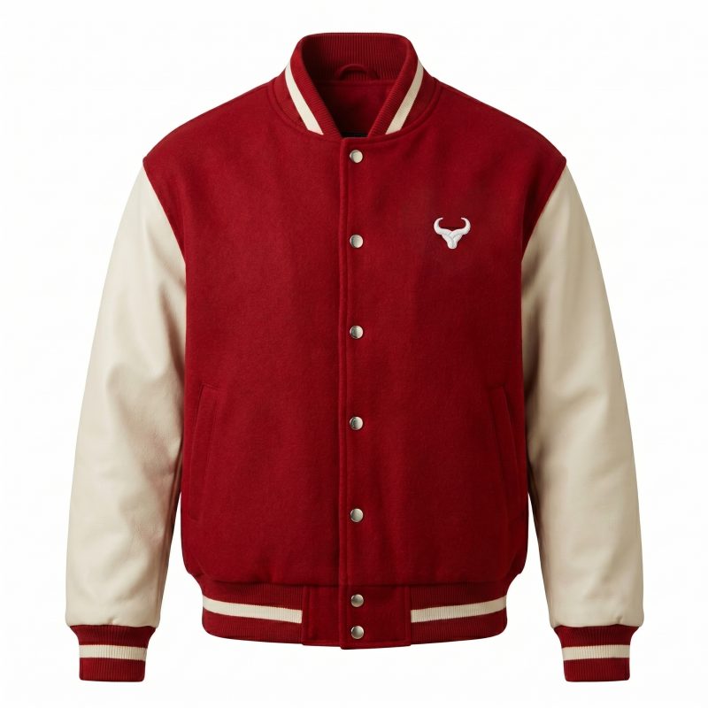 Royal Bull Maroon Varsity Jacket | White Sleeves Streetwear