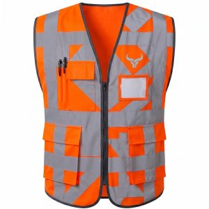 Royal Bull orange high-visibility safety vest with black trim and silver reflective strips, breathable design, and enhanced visibility for work safety use.