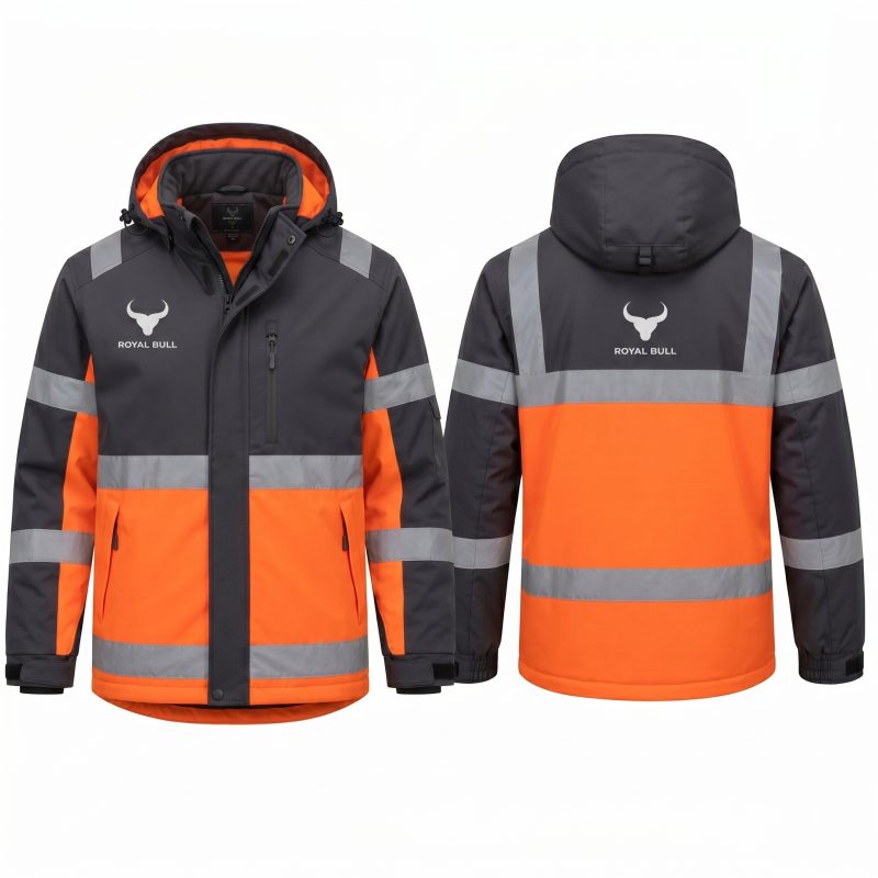 Durable hi visibility rain parka orange grey design