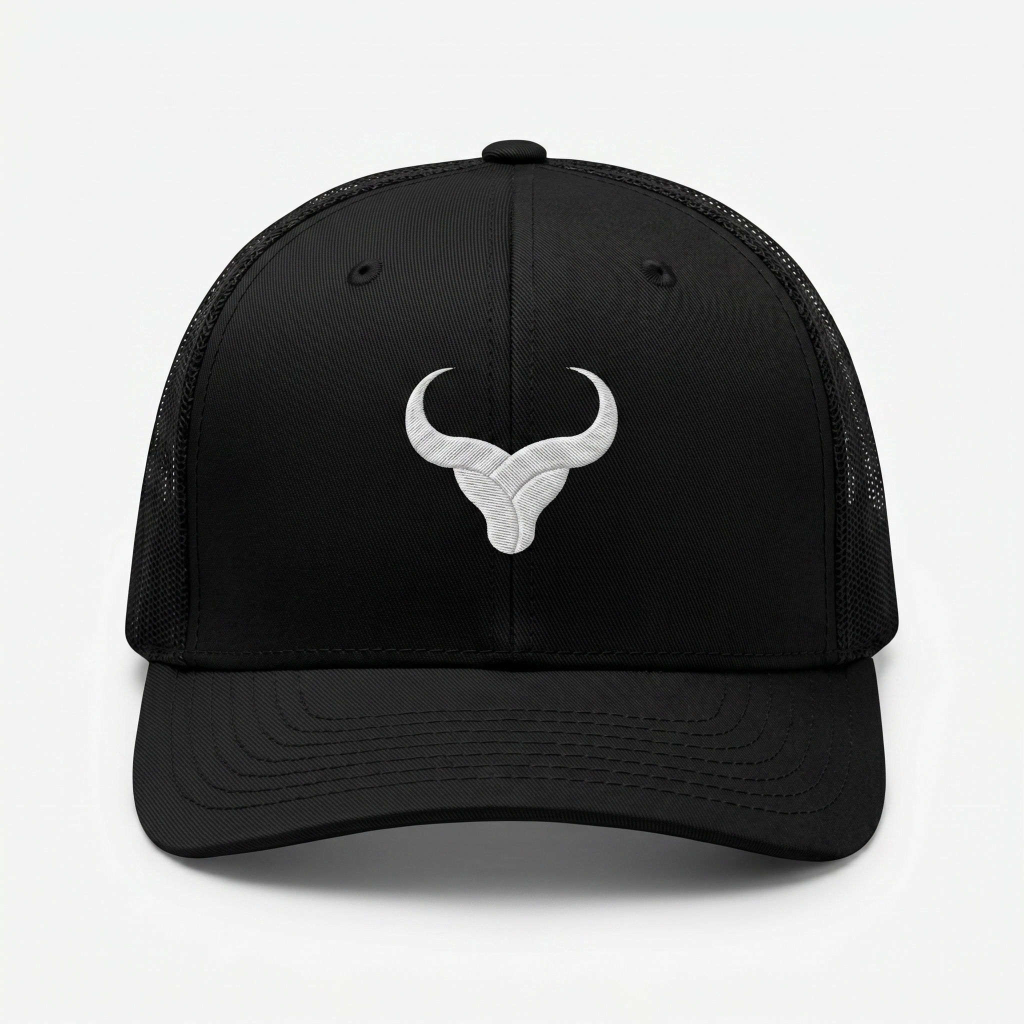 Royal Bull Black Trucker Hat – Minimal White Logo Edition Minimal logo trucker hat front view