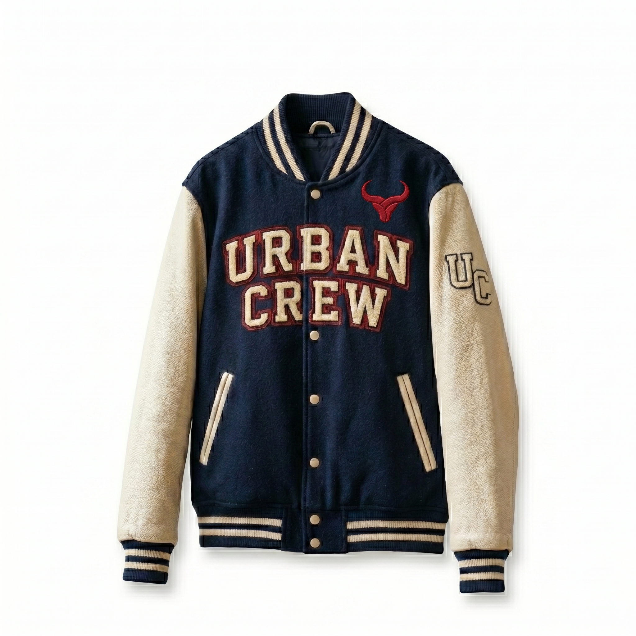 Royal Bull navy varsity jacket cream sleeves bull logo Royal Bull Navy Varsity Jacket | Cream Sleeves & Bull Logo