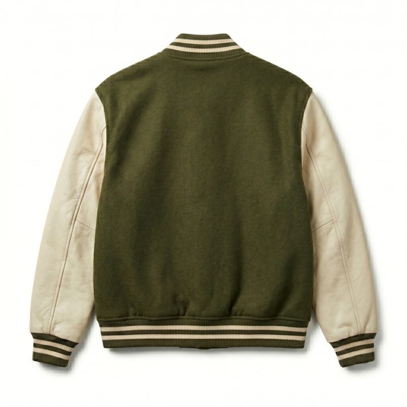 Royal Bull Green & Beige Varsity Jacket | Leather Sleeves