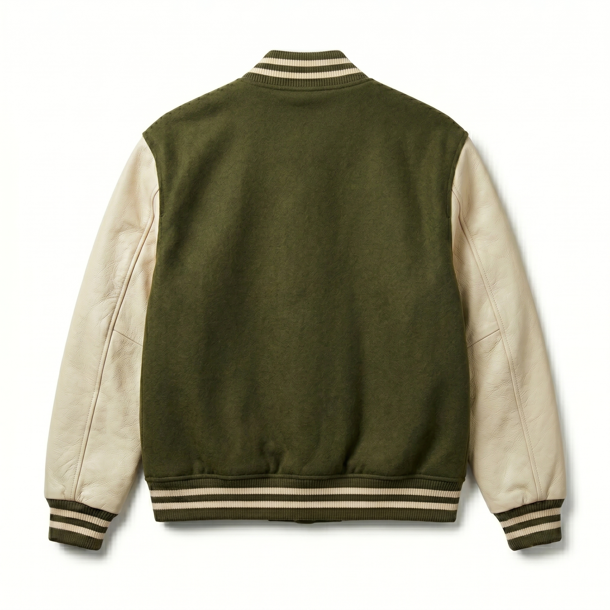 generate_backside_without_logo_2K_202605181324 Royal Bull Green & Beige Varsity Jacket | Leather Sleeves