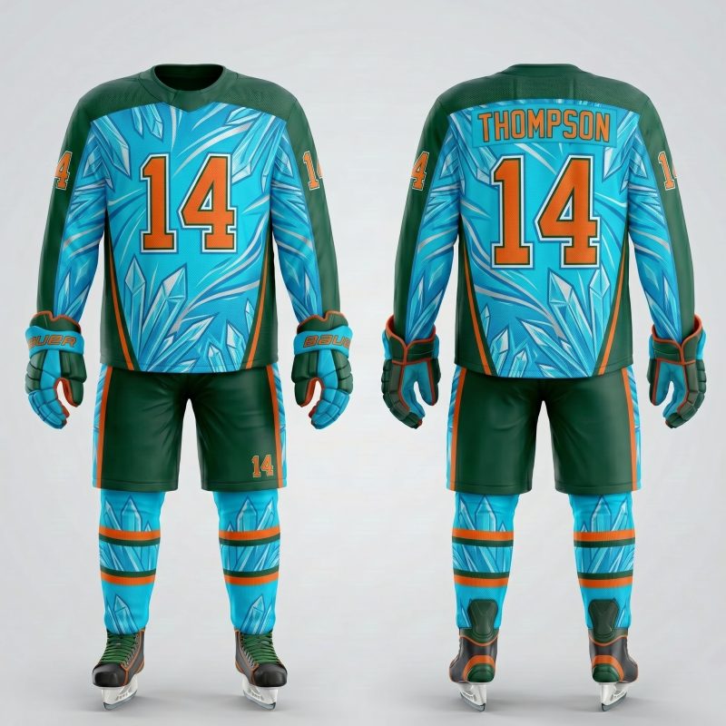 Royal Bull teal and dark green ice hockey uniform