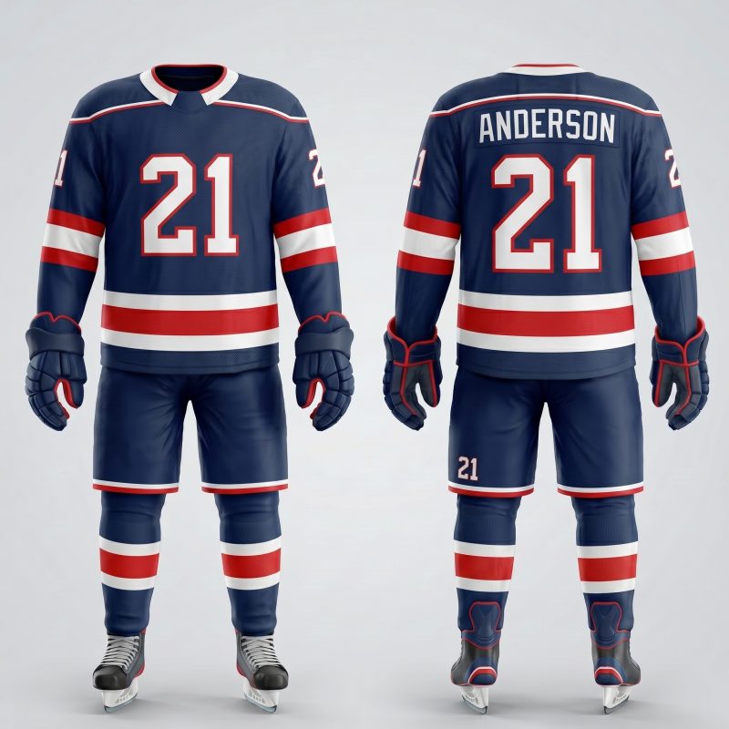 Royal Bull navy red white ice hockey uniform set