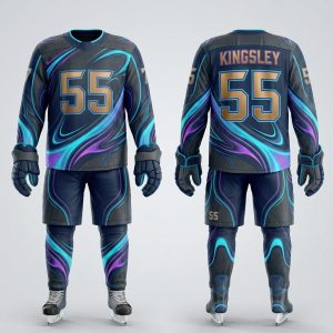 Royal Bull neon blue and purple ice hockey uniform