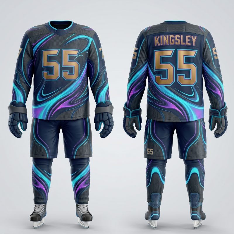 Royal Bull neon blue and purple ice hockey uniform