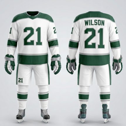 Royal Bull white and green ice hockey uniform