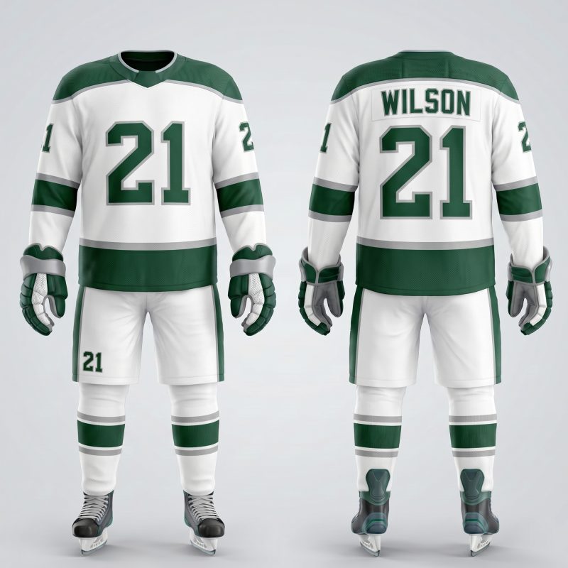 Royal Bull white and green ice hockey uniform