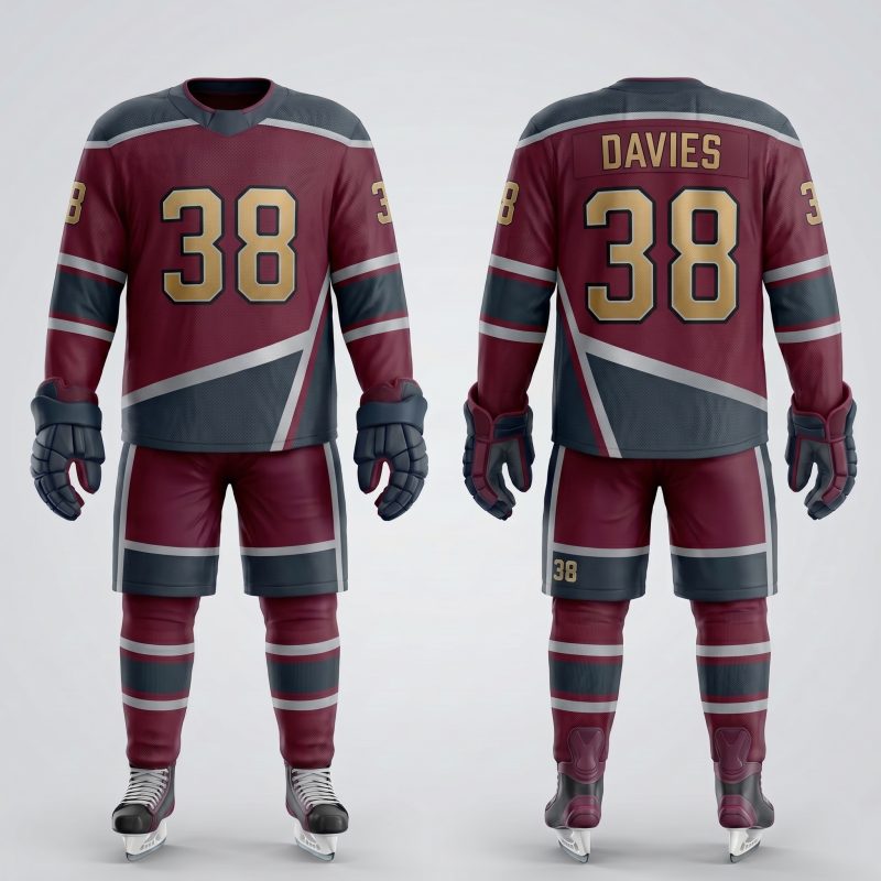 Royal Bull burgundy and charcoal ice hockey uniform