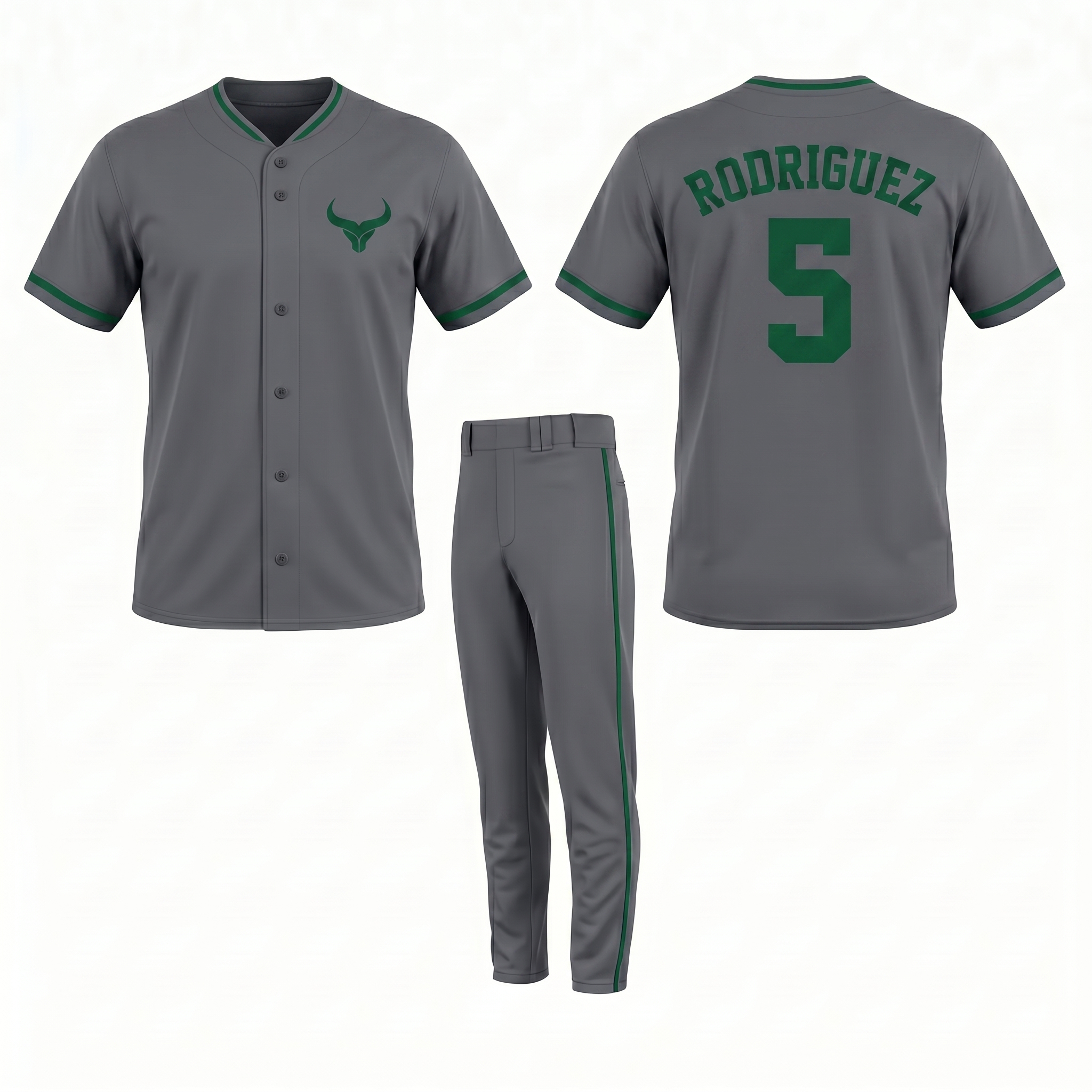 Royal Bull Grey & Green Baseball Uniform – Performance Edition Baseball Uniform