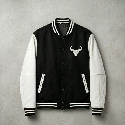 Royal Bull Black Varsity Jacket | White Leather Sleeves