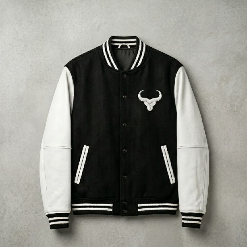 Royal Bull Black Varsity Jacket | White Leather Sleeves