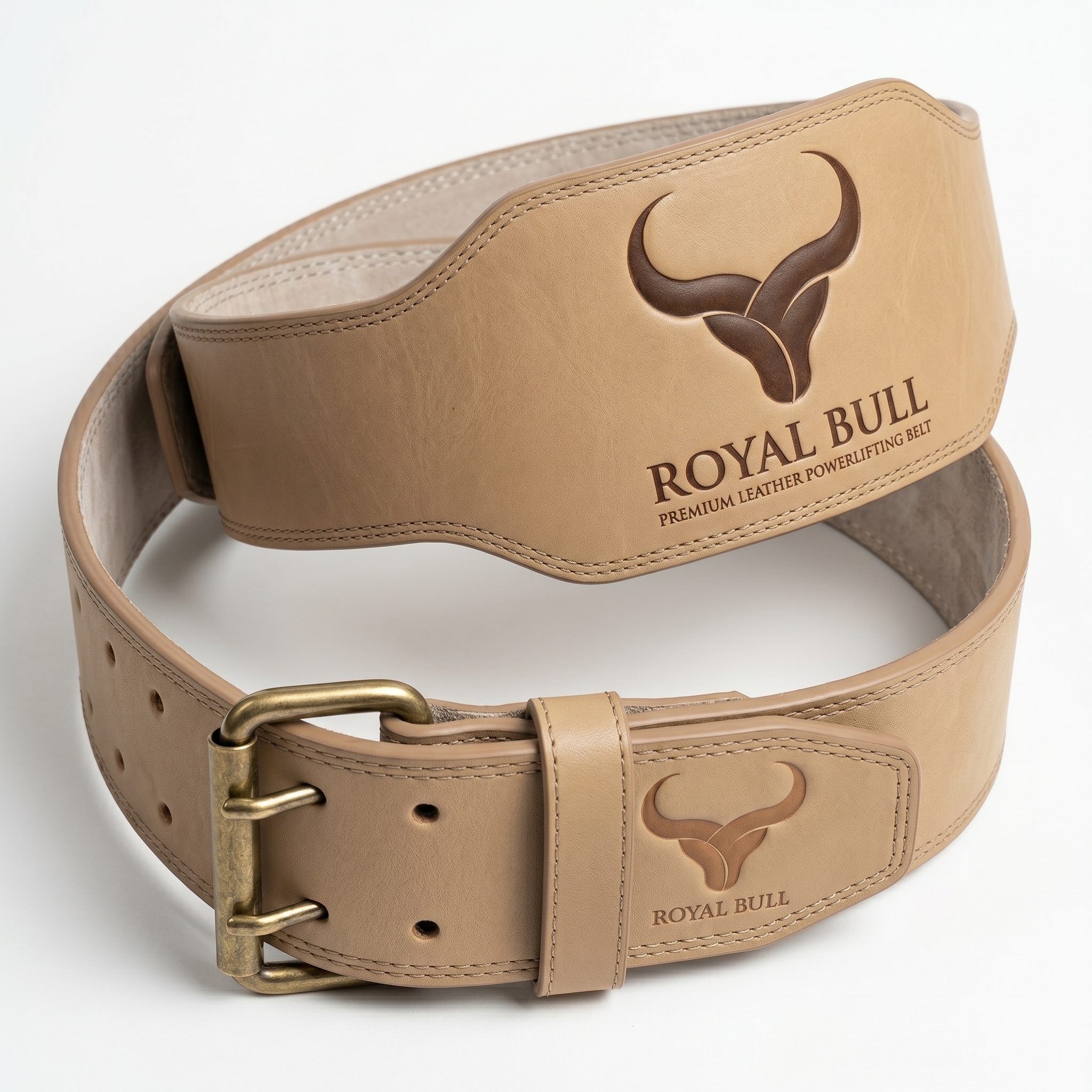 Royal Bull Powerlifting Belt – Tan Leather Double Prong Royal Bull powerlifting belt close up view