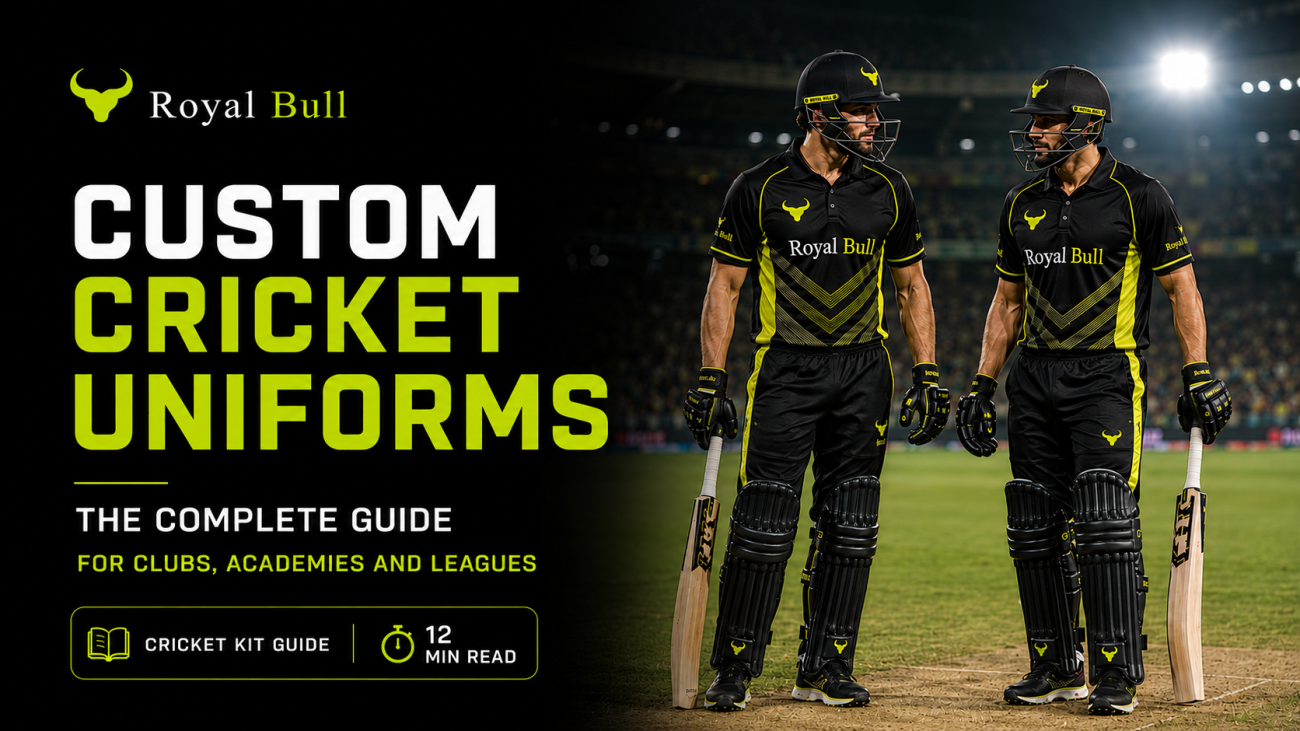 Custom cricket uniforms for clubs, academies and leagues, playing whites and coloured T20 kit, Royal Bull