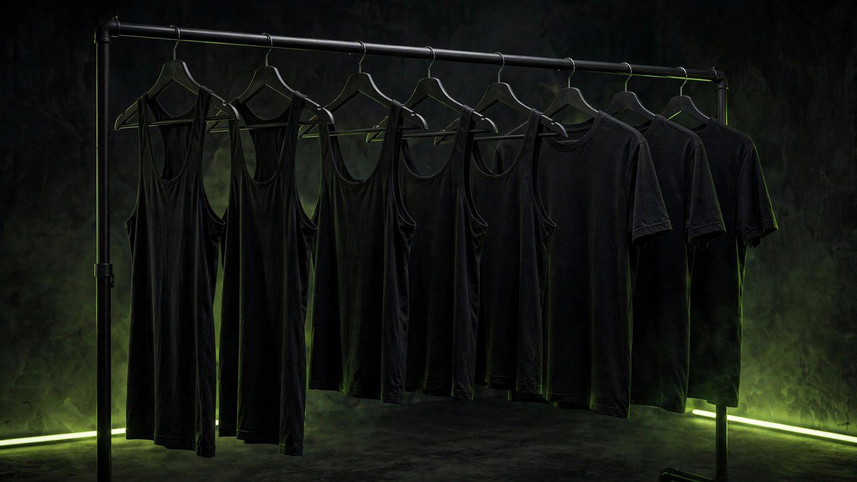 Blank gym singlets, tank tops and t-shirts on a rack for low MOQ production